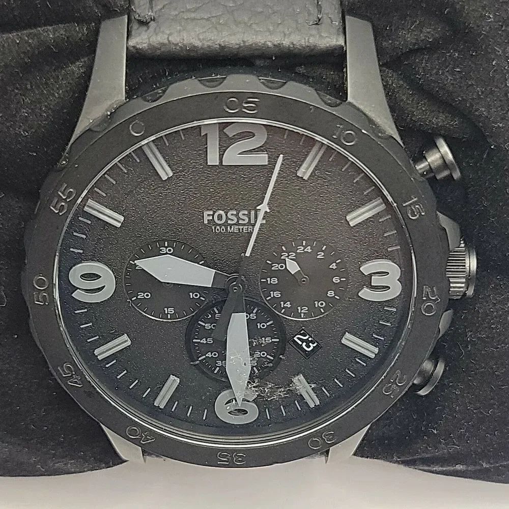 FOSSIL Nate JR1401 Mens Black Leather Analog Black Dial Quartz Wrist Watch BC400
